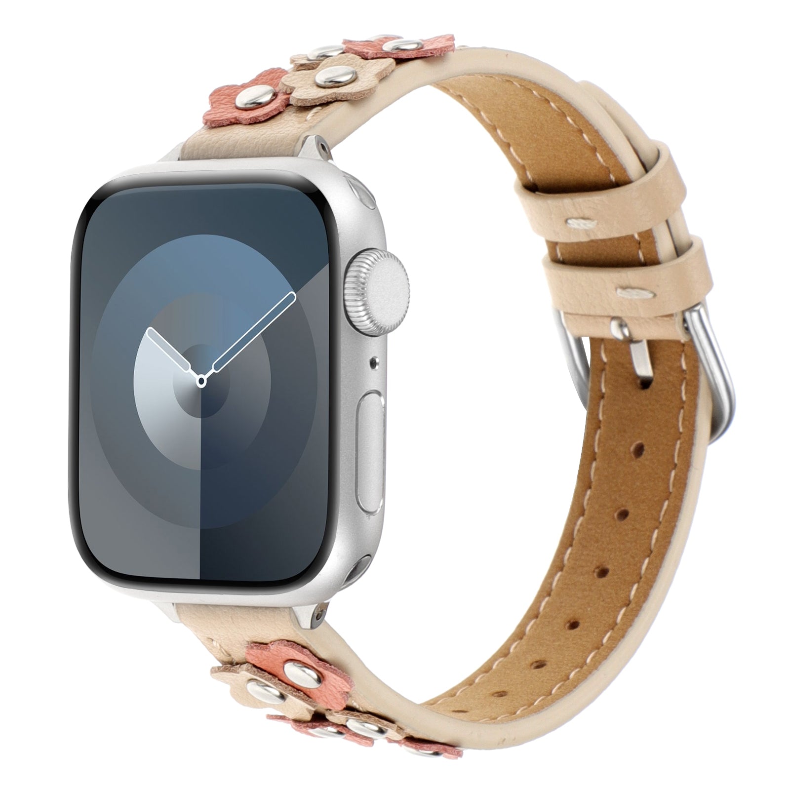 For Apple Watch Series 9 8 7 41mm / 6 5 4 SE (2022) SE (2023) SE 40mm / 3 2 1 38mm PU Watch Strap with Flower Rivets - Apricot For Apple Watch Series 9 8 7 41mm / 6 5 4 SE (2022) SE (2023) SE 40mm / 3 2 1 38mm PU Watch Strap with Flower Rivets - Apricot